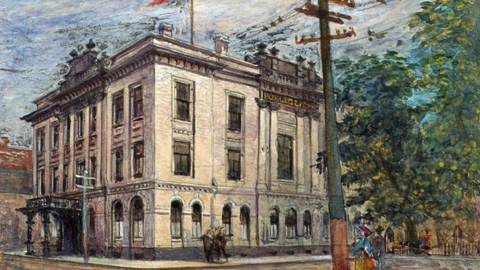 Vibrant painting of large corner building that is three storeys tall in a vintage town