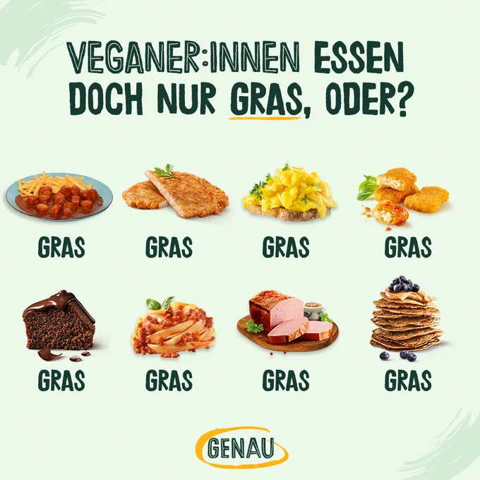 Auf dem Bild sieht man leckere vegane Köstlichkeiten. Oben steht: Veganer:innen essen doch nur Gras' oder?
Unten steht: "Genau."