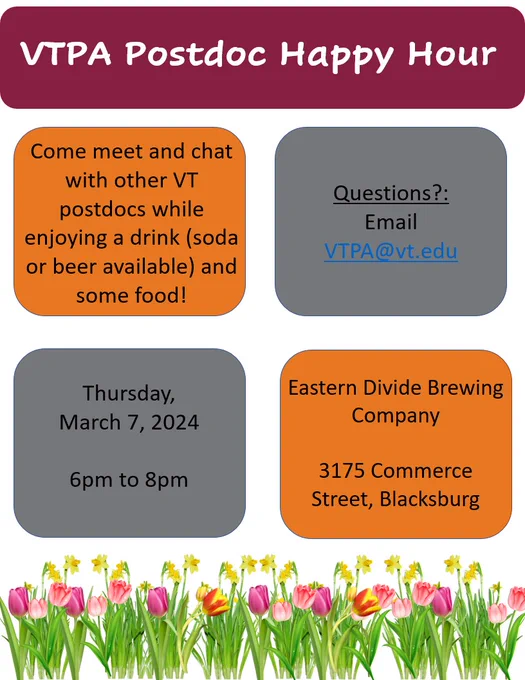 VTPA Postdoc Happy Hour, Thursday, March 7, 2024, 6-8pm, Eastern Divide Brewing Company