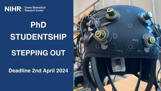 Text: PhD Studentship Stepping Out Deadline April 2nd 2024
Image: Cap with sensors for measuring activity