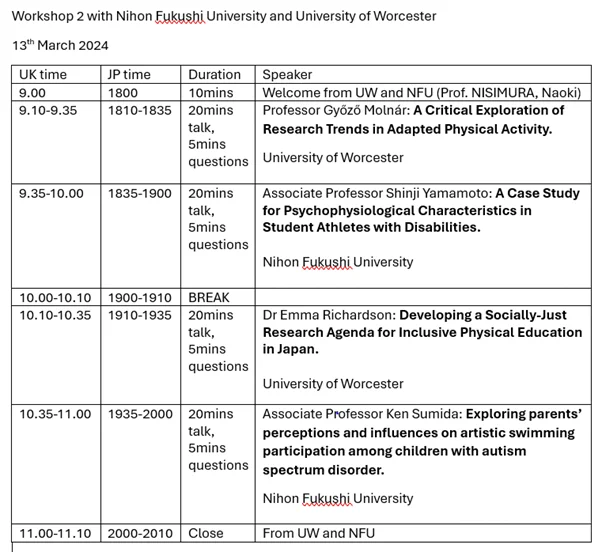 Timetable of events, for more detail please email r.foster@worc.ac.uk