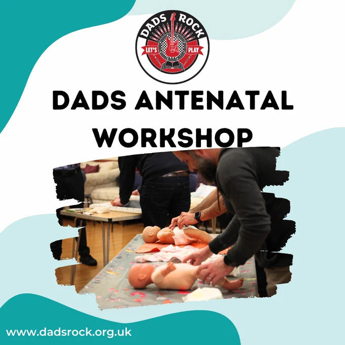 A graphic advertising Dads Antenatal Workshops. There is a photo of a dad putting a nappy on a plastic baby doll.