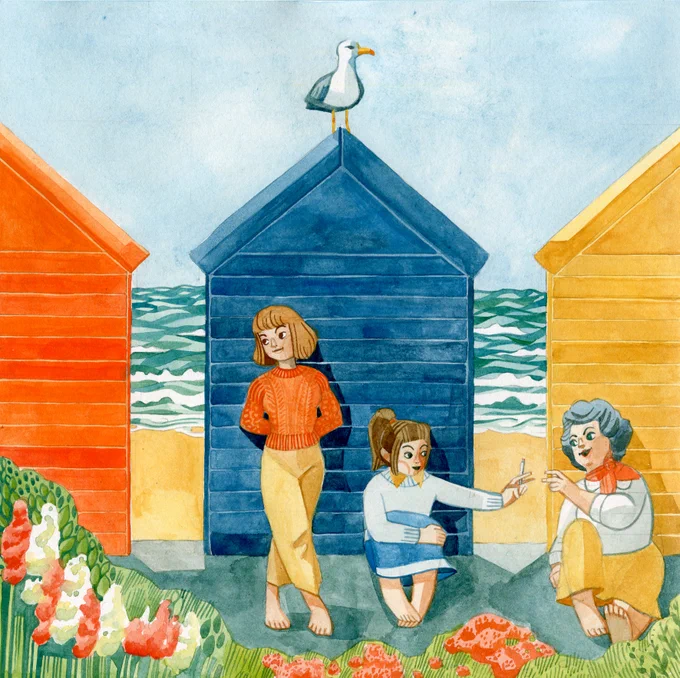 Illustration from Sarah's story, shows Sarah and friends hiding out behind the beach huts. Sarah's friends are sharing a naughty ciggie, but Sarah is NOT! A seagull stands guard on the beach hut roof. Image by Candice Purwin. 