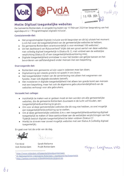 Afbeelding van de van de op 15 februari 2024 door de gemeenteraad van Rotterdam aangenomen motie "Digitaal toegankelijke websites".