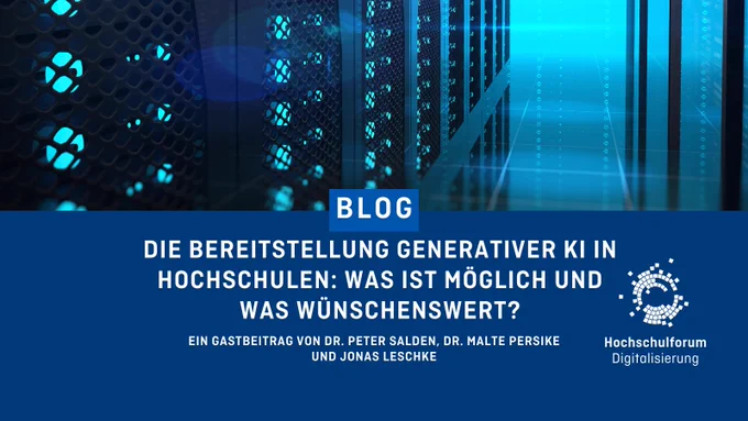 Die Bereitstellung generativer KI in Hochschulen: Was ist möglich und was ist wünschenswert? ist der Titel dieses Artikels. Auf dem Bild zu sehen ist eine abstrakte Darstellung von KI und das Logo des Hochschulforum Digitalisierung.