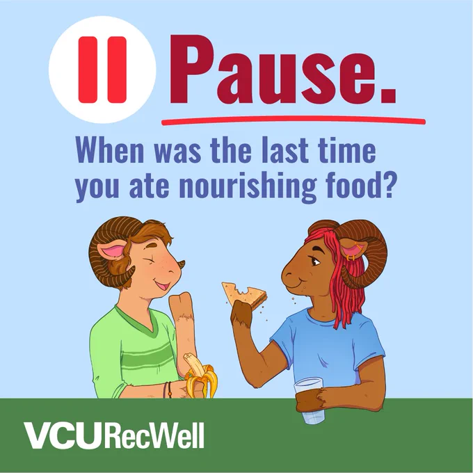Two Rams chatting and eating, one with a banana and the other with a sandwich. Caption: When was the last time you ate nourishing food?