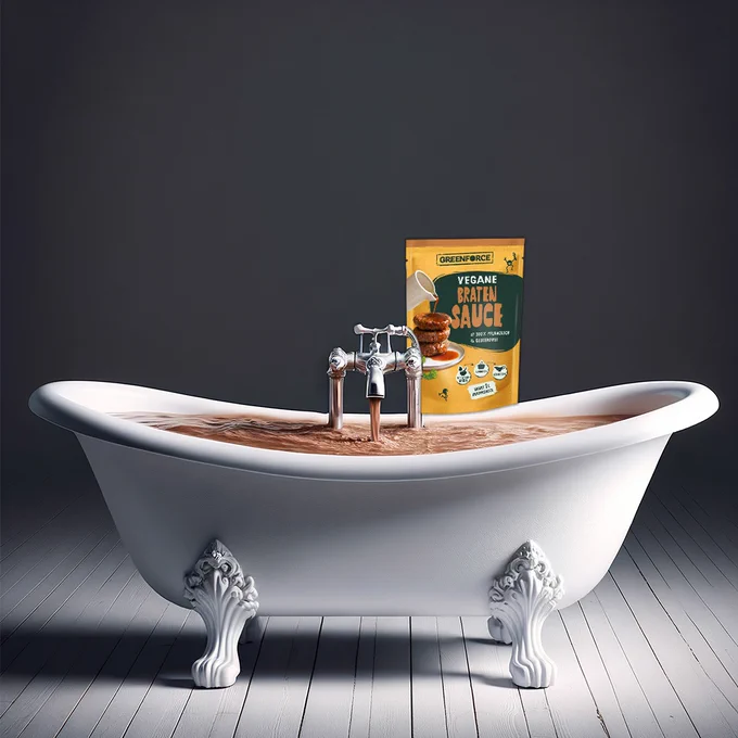Auf dem Bild sieht man eine Badewanne, die voll mit unserer Bratensauce ist.