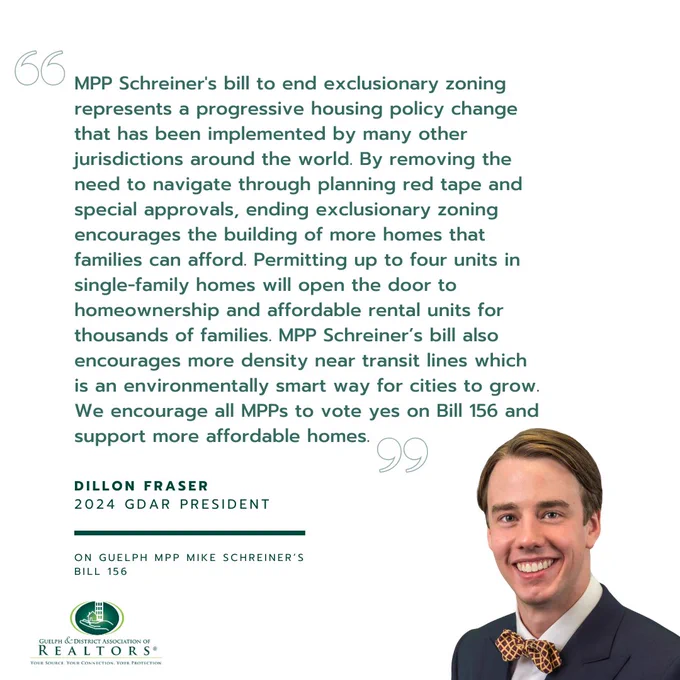 A graphic that says: 

"MPP Schreiner's bill to end exclusionary zoning represents a progressive housing policy change that has been implemented by many other jurisdictions around the world. By removing the need to navigate through planning red tape and special approvals, ending exclusionary zoning encourages the building of more homes that families can afford. Permitting up to four units in single-family homes will open the doorr to homeownership and affordable rental units for thousands of families. MPP Schreiner's bill also encourages more density near transit lines which is an environmentally smart way for cities to grow. We encourage all MPP's to vote yes on Bill 156 and support more affordable homes."

-Dillon Fraser, 2024 GDAR President