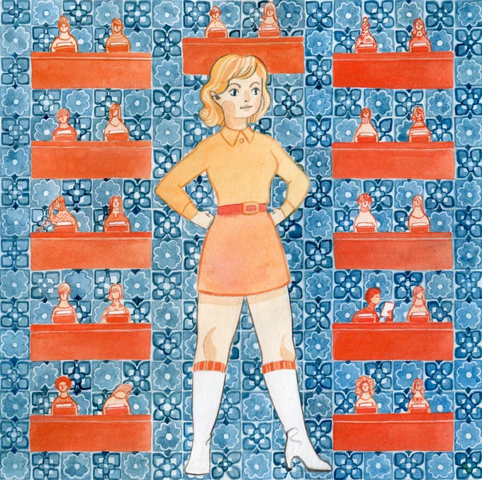 Pamela is shown in a smart miniskirt and knee boots surrounded by typists working at desks. Pamela's strong maths skills at school earned her an accounting job and she got promotion after promotion. Illustration by Candice Purwin