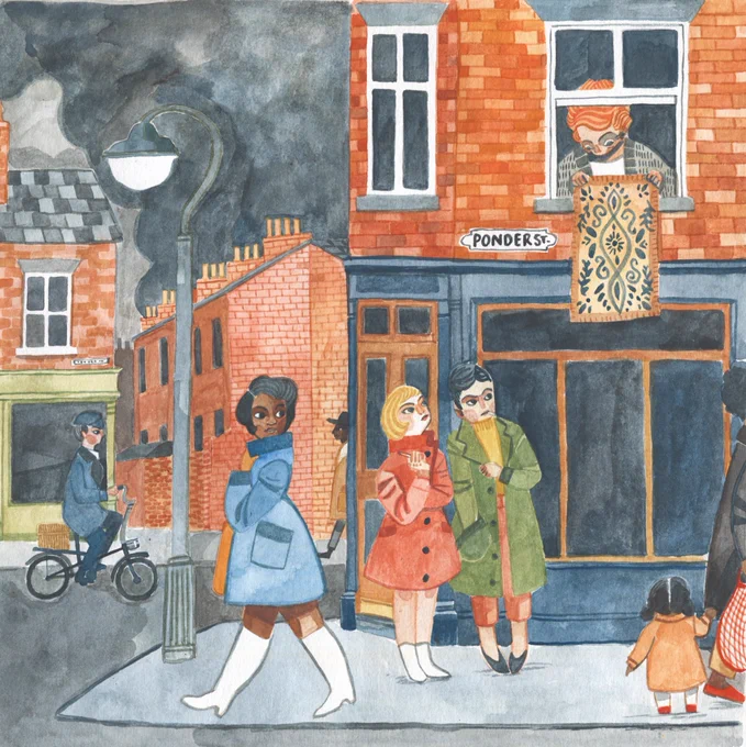 Cynthia is walking down a Liverpool street, hugging her coat round her. She moved from St Kitts, aged 18, and couldn't believe the cold and damp and the smog from coal fires. She is shocked that young women smoke in public! Illustration by Candice Purwin. 