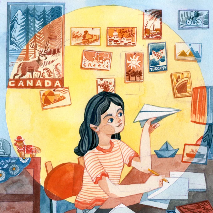 Liz is shown in her bedroom in Basildon, surrounded by postcards and posters of all the places she dreams of visiting. Illustration by Candice Purwin
