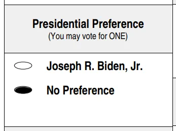 Screenshot of the presidential preference section of the 2024 North Carolina Democratic primary ballot with the "no preference" bubble filled in.