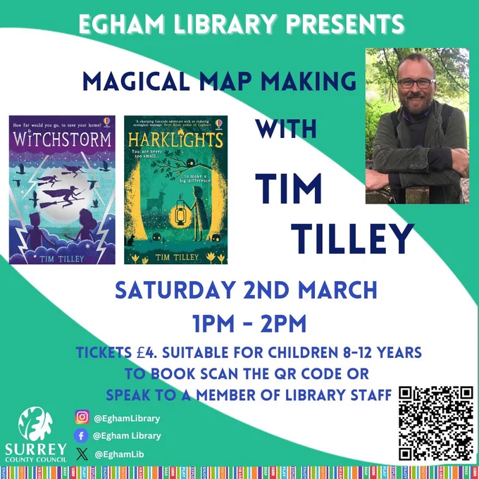 This image shows a picture promoting a Map Making session with author Tim Tilley at Egham library on Saturday 2nd March from 1pm - 2pm.