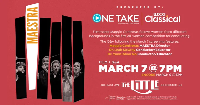 Red graphic with woman conductors in black lines and a white line with orange text that says MAESTRA. Presented by One Take and Wxxi Classcial 