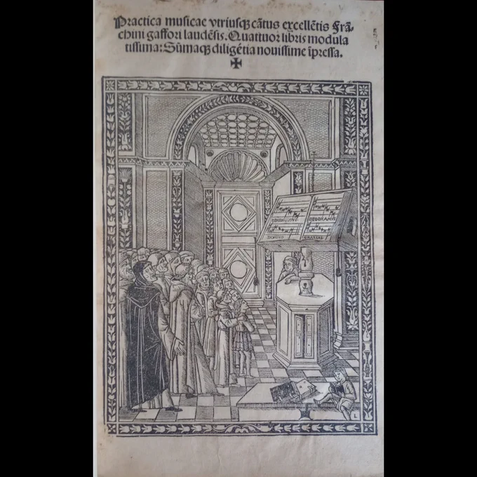 Black and white illustration of a choir singing in a church