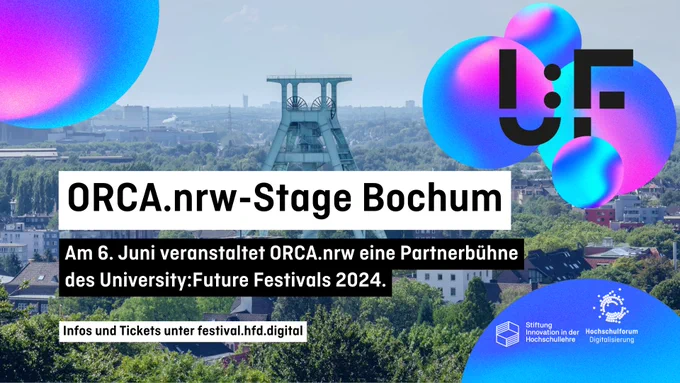  Im Hintergrund zeigt ein Foto das Fördergerüst eines Bergbaus. Rechts oben befindet sich das Logo des University:Future Festivals. Mittig steht in großer Schrift “ORCA.nrw-Stage Bochum”. Darunter der Text “Am 6. Juni veranstaltet ORCA.nrw-Stage Bochum eine Partnerbühne des University: Future Festivals 2024.” Es folgt der Hinweis “Infos und Tickets unter festival.hfd.digital”. Unten rechts befinden sich die Logos der Stiftung Innovation in der Hochschullehre und des Hochschulforums Digitalisierung.

