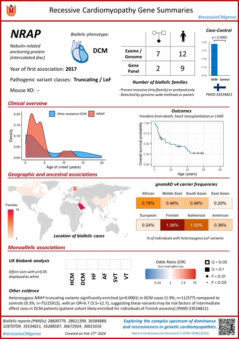 Summary of the evidence and clinical/demographic characteristics for the association of biallelic loss-of-function variants in NRAPwith dilated cardiomyopathy.