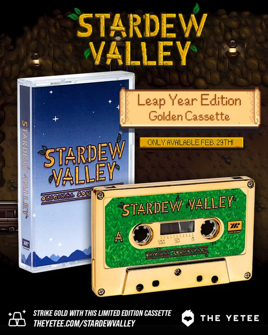 The Stardew Valley Original Soundtrack cassette on Limited Edition "Gold Bar" shell with artwork by Byron B. and mastered by Marc Junker (aka R23X). Only available for 24 Hours.