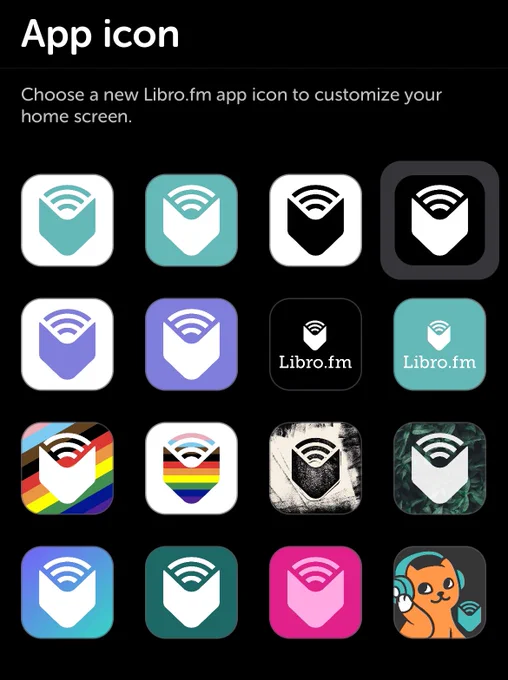 A screenshot from the settings page of the Libro.fm app for Apple. Text says, "Choose a new Libro.fm app icon to customize your home screen." Beneath the text are sixteen different icons, including versions of the classic white and teal logo, black and white, pride flag, and one in the lower right that features an orange cat wearing teal headphones.