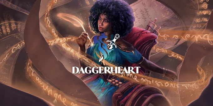 Spellbinding artwork by Nikki Dawes (@nikkidawesdraws) depicts a magic user weaving golden threads together with an enchanted, glowing quill amidst a swirl of handwritten pages and illuminated floating text beneath the stylized dagger and flame logo of Daggerheart