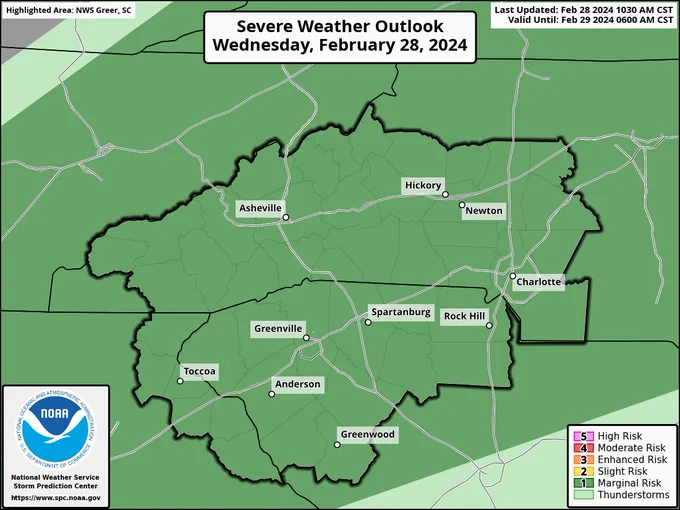 SPC Graphic showing all of the upstate, aswell as northern Georgia and western North Carolina, under a Marginal risk for severe weather today. 