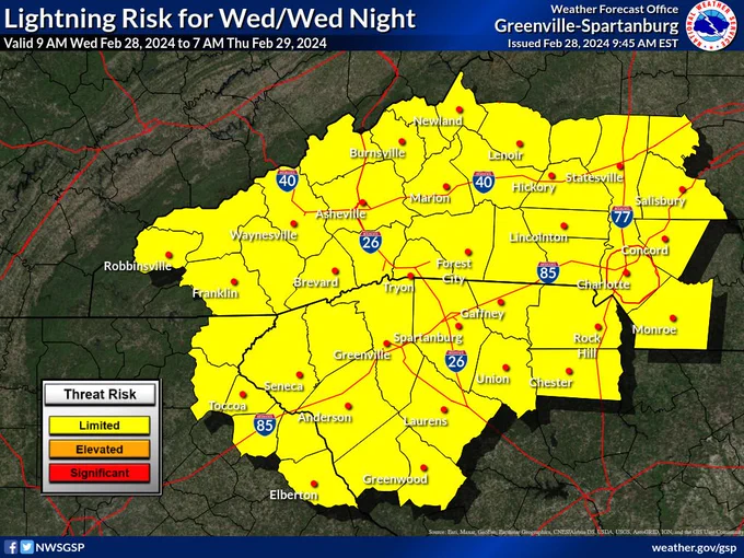 Lightning risk graphic for the upstate, WNC and northern Georgia, all under a limited risk at this time. 