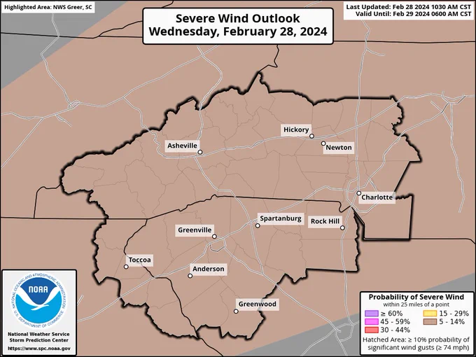 Probability of severe wind gusts, showing all of the upstate under a 5-14% risk. 