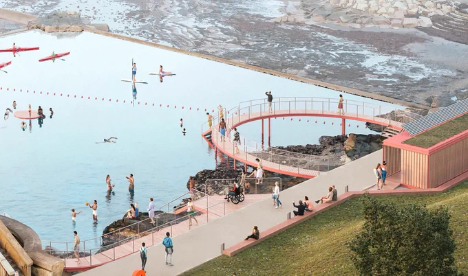 An architects drawing of how a restored Saltcoats bathing pond might look