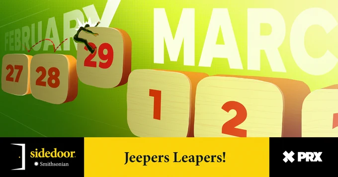 A graphic featuring a lime green calendar background depicts February and March. The days of February 27 and 28 are shown with the 29th slightly elevated before showing March 1st and 2nd. A person attempts to leap from February 28 to March 1 but smacks into February 29. 