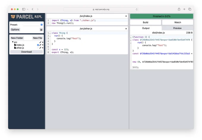 Screenshot of the Parcel REPL