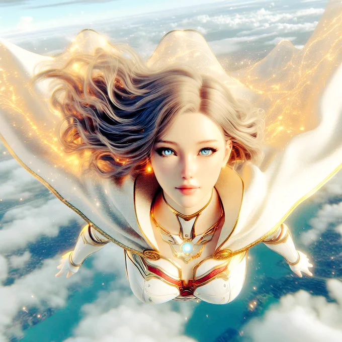 photorealistic beautiful girl with cape, Android a blind of human and techflying in the sky, white body and gold magical highlights, top down view
