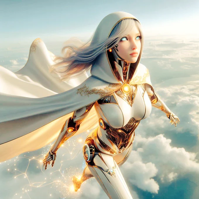 photorealistic beautiful girl with cape, Android a blind of human and techflying in the sky, white body and gold magical highlights, top down view