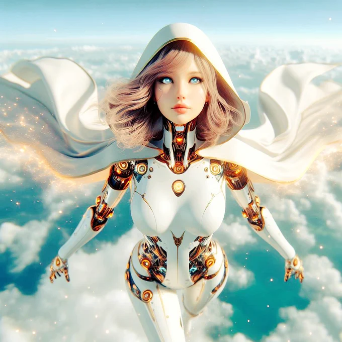 photorealistic beautiful girl with cape, Android a blind of human and techflying in the sky, white body and gold magical highlights, top down view