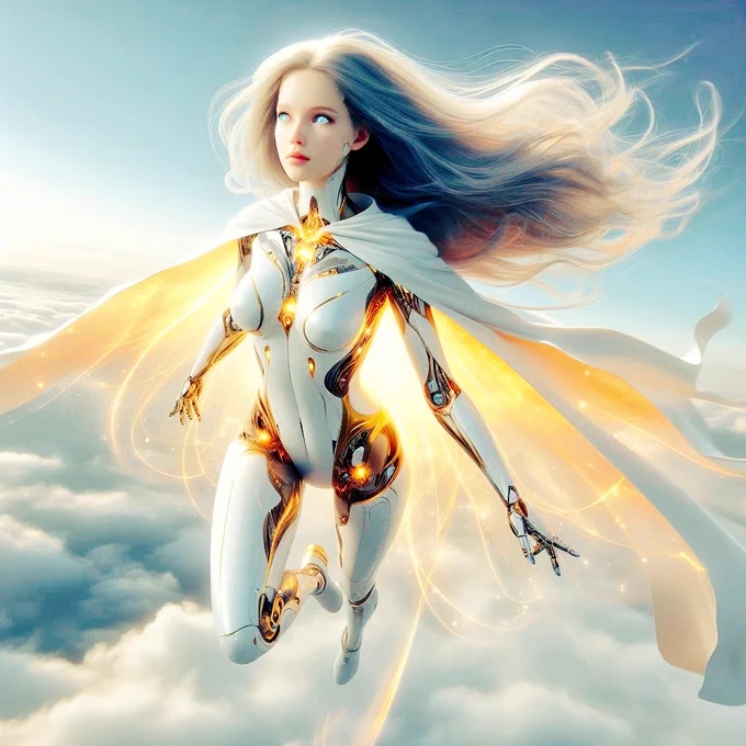 photorealistic beautiful girl with cape, Android a blind of human and techflying in the sky, white body and gold magical highlights, top down view