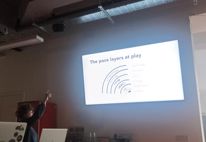 Amy Thornley indicating towards a slide showing The Pace Layers at play, hosted at the Nexer office.