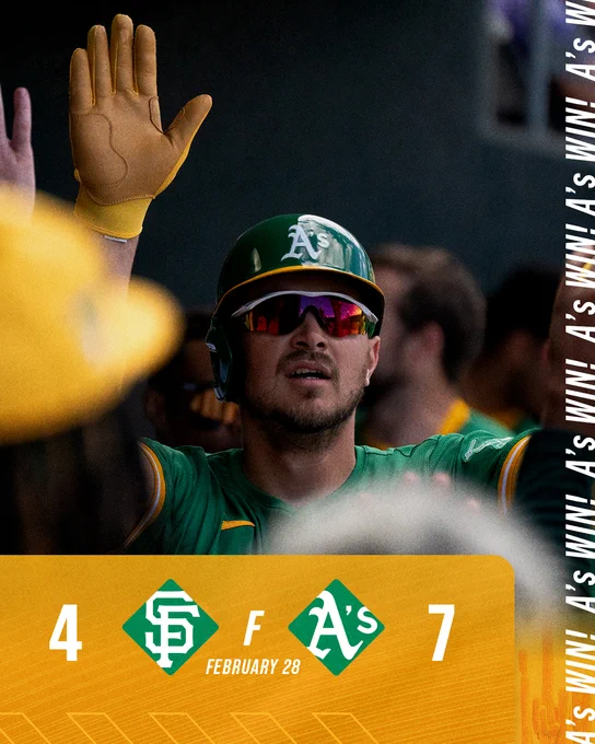 A final score graphic with the final score Giants 4, A’s 7. A picture of Ryan Noda in the background.