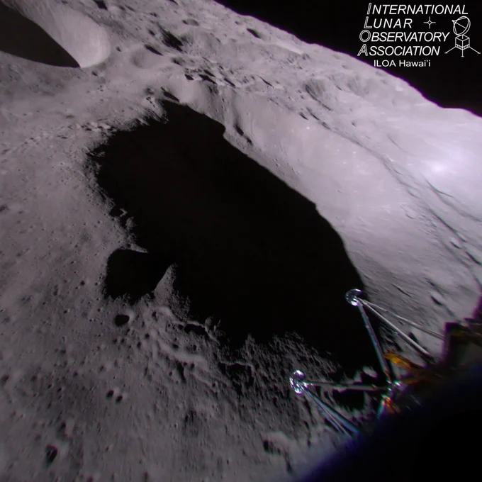This image from ILOA’s ILO-X wide field-of-view imager was taken on 22 February 2024 about 4.2 minutes prior to touchdown which occurred 23:24 UTC. It shows craters in the Moon South Pole region as well as the IM-1 Odysseus lunar lander.