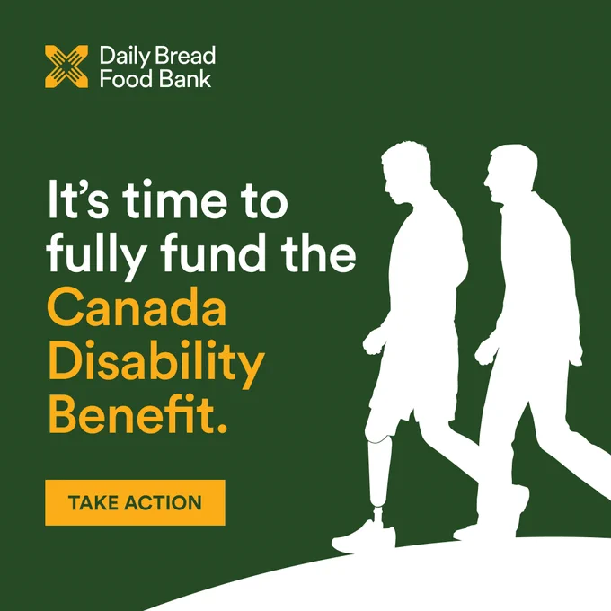 White shillouette on a green background of two people walking. Text: It's time to fully fund the Canada Disability Benefit. Take Action.