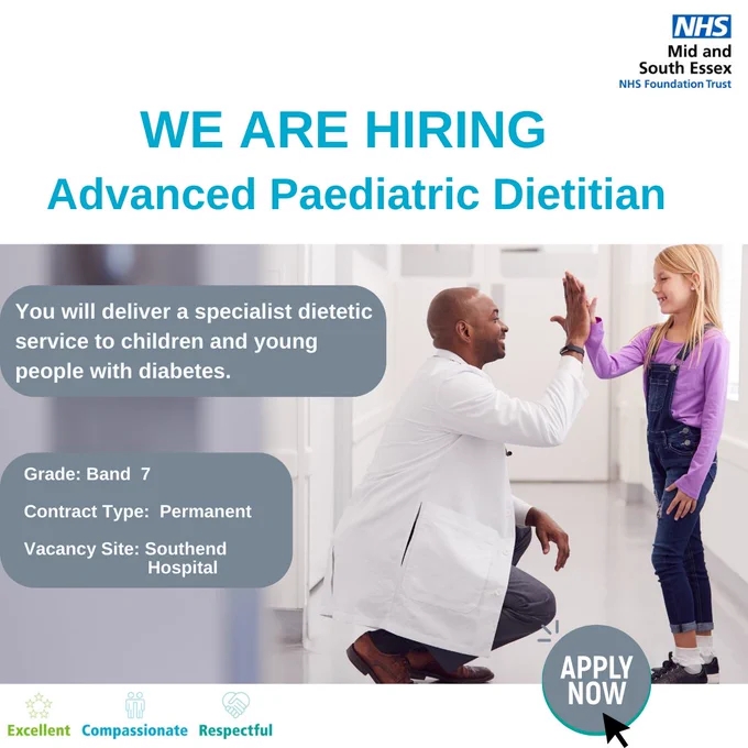 Poster advertising Advanced Paediatric Dietitian role with MSE.  To the right of the poster, Image of a dietitian with a child