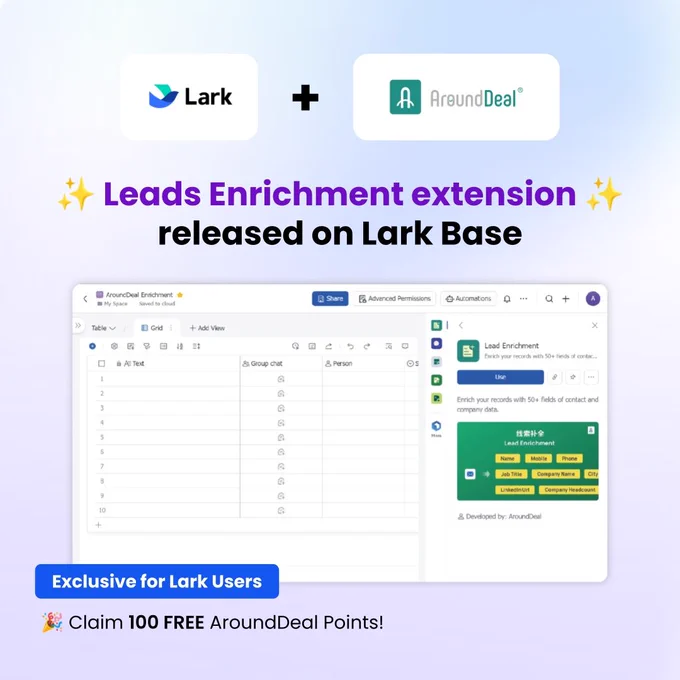 Enhance your Lark Base with our newest Leads Enrichment Extension by AroundDeal! 
