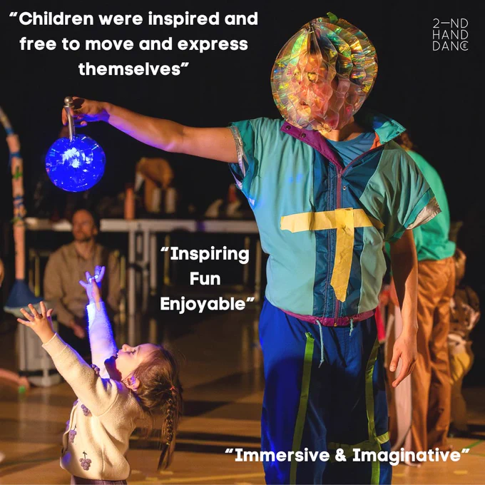 Text: children were inspired and free to move and express themselves. Inspiring fun and enjoyable. Immersive & imaginate. Dance in shiny hat holds a circle light above a young child reaching out to grab with hands
