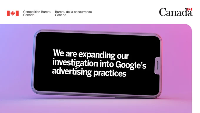 Purple & pink background, Black cell phone screen with text: “We are expanding our investigation into Google’s advertising practices”