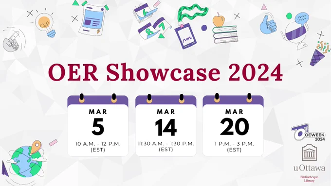 The text reads: OER Showcase 2024. March 5, 10 a.m. to 12 p.m. EST, March 14, 11:30 a.m. to 1:30 p.m. EST, March 20, 1 p.m. to 3 p.m. EST