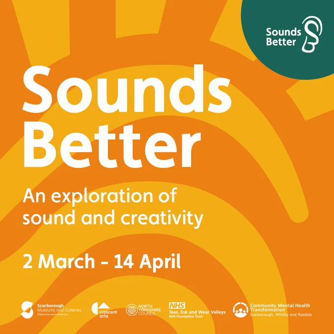 The image shows an infographic with a stripy orange background, over the image reads 'Sounds Better: An exploration of sound and creativity. Second of march to the fourteenth of april.