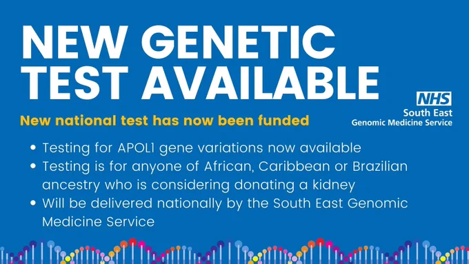 Graphic with information about a new genetic test for changes to the APOL1 gene. Changes to this gene can increase your risk of developing kidney failure and is seen almost exclusively within the African and Caribbean community. 