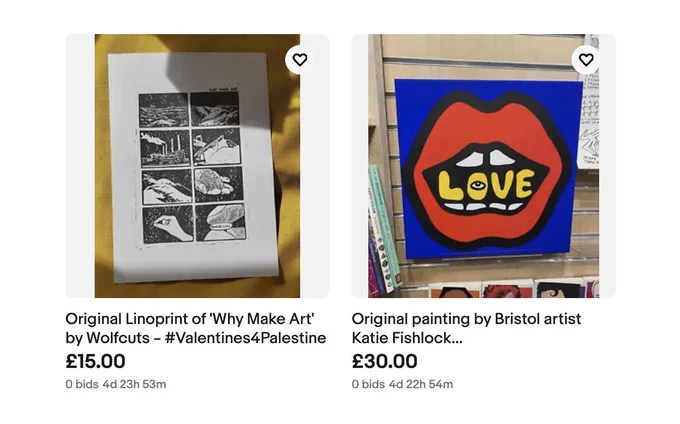 A screenshot of an ebay page showing two artworks for sale. One is a lino print called 'why make art' with a starting price of £15, showing a 8 part comic strip in black and white print. The other, a brightly painted square canvas in block colours showing a mouth with the word LOVE in it. Starting bid £30. 
