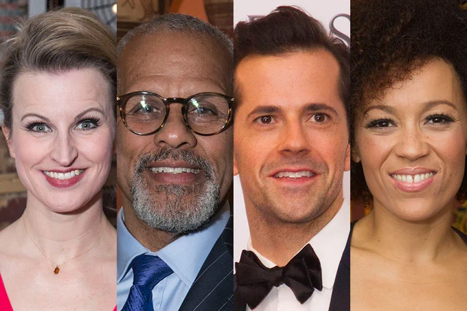 A photo showing four headshots of performers, smiling into the camera and wearing formal outfits