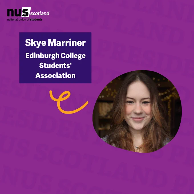 A graphic with a purple background and blue rectangle shape left of centre, with white text reading 'Skye Marriner, Edinburgh Colllege Students' Association' and below that to the right an image of Skye Marriner in a round frame. In the top left corner sits the NUS Scotland logo in black and white.