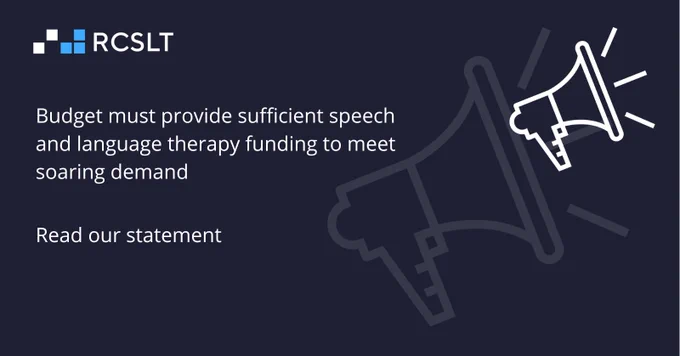 The RCSLT logo appears in white and mid blue writing at the top left on a dark blue background. Outlines of two megaphones appear in grey and white on the right side. 