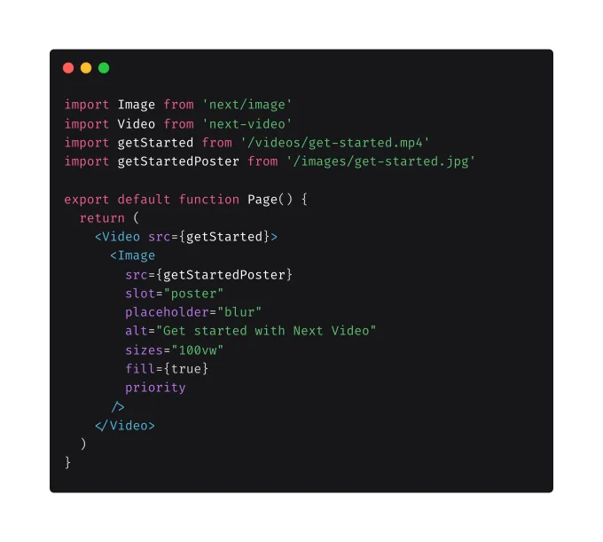 code snippet showing usage of next-video and next/image 